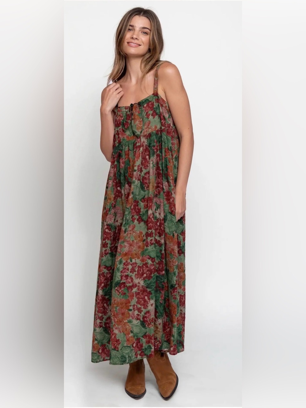NATURAL LIFE Floral Maxi Dress in Green and Burgundy